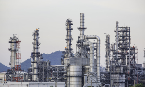 Twilight scene of oil refinery plant and power plant of Petrochemistry industry in twilight time